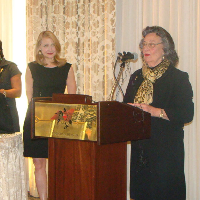 Muses-Patricia-Clarkson-3 Actress Patricia Clarkson looks on as her mother, New Orleans City Council President and Muses krewe member Jackie Clarkson says a few words at the Krewe of Muses news conference.